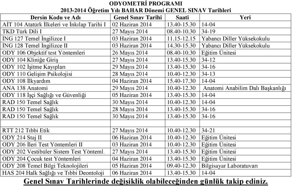 30 34-13 ODY 108 İlkyardım 04 Haziran 2014 15.40-17.30 14-04 ANA 138 Anatomi 29 Mayıs 2014 10.40-12.30 Anatomi Anabilim Dalı Başkanlığı ODY 118 İşçi Sağlığı ve Güvenliği 05 Haziran 2014 13.40-15.