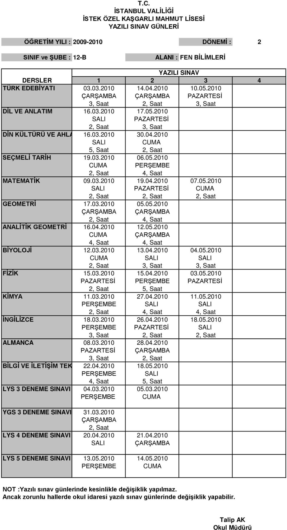 04.2010 04.05.2010 CUMA 3, Saat FİZİK 15.03.2010 15.04.2010 03.05.2010 PAZARTESİ 2, Saat 5, Saat KİMYA 11.03.2010 27.04.2010 11.05.2010 PERŞEMBE 4, Saat İNGİLİZCE 18.03.2010 26.04.2010 18.05.2010 PERŞEMBE PAZARTESİ 3, Saat ALMANCA 08.