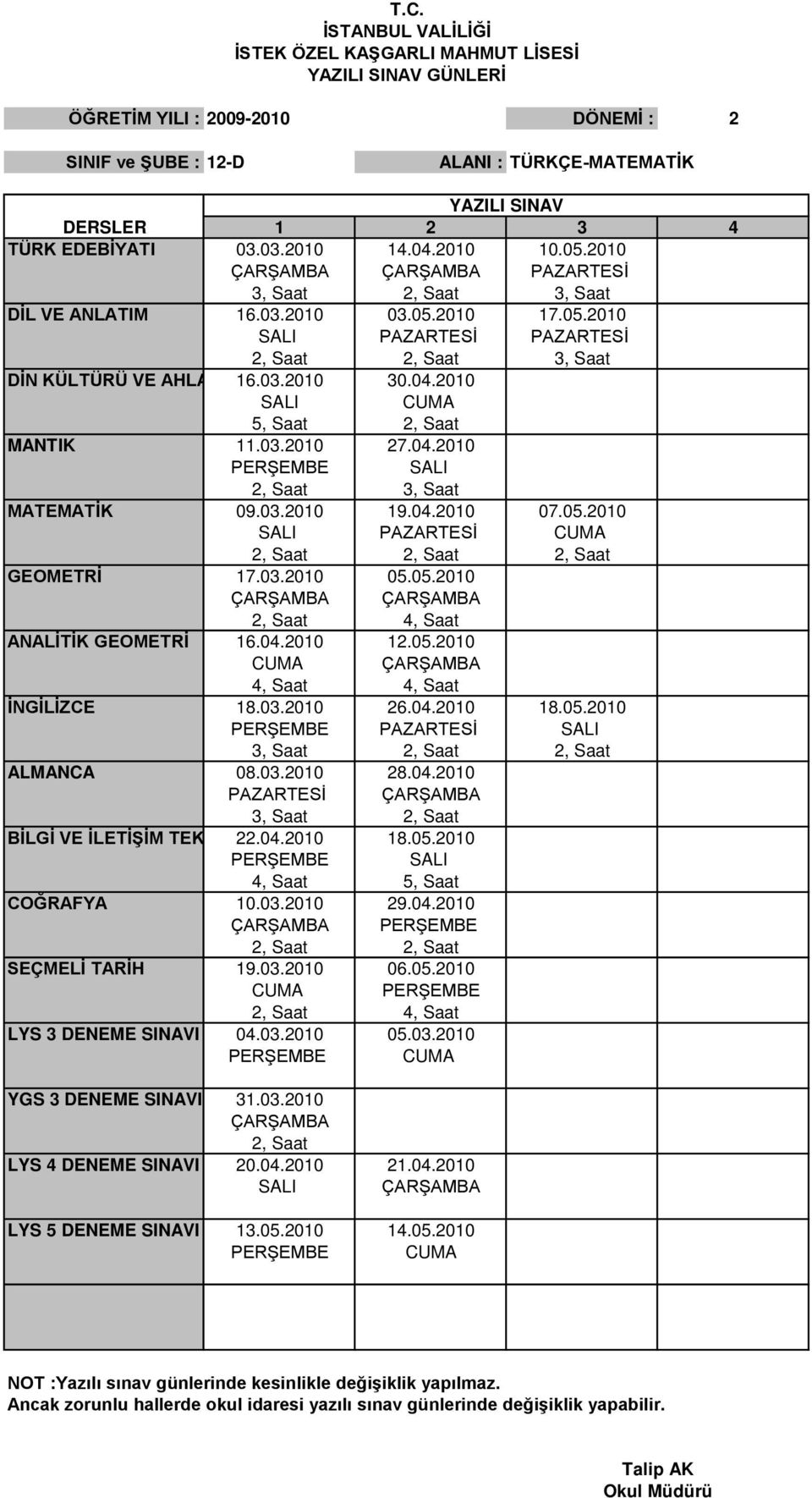 03.2010 26.04.2010 18.05.2010 PERŞEMBE PAZARTESİ 3, Saat ALMANCA 08.03.2010 28.04.2010 PAZARTESİ ÇARŞAMBA BİLGİ VE İLETİŞİM TEKNOLOJİSİ 22.04.2010 18.05.2010 PERŞEMBE 4, Saat 5, Saat COĞRAFYA 10.03.2010 29.