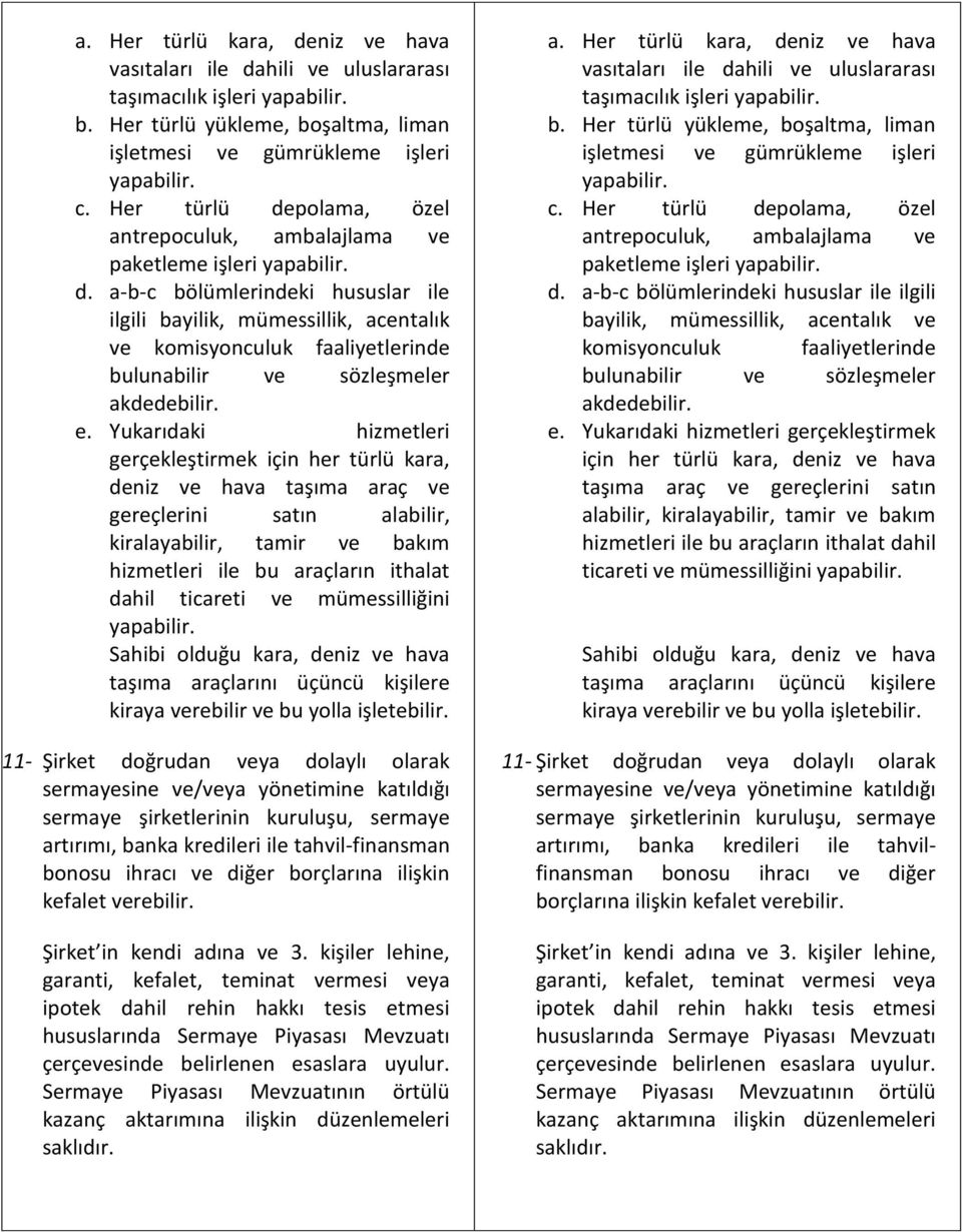 a-b-c bölümlerindeki hususlar ile ilgili bayilik, mümessillik, acentalık ve komisyonculuk faaliyetlerinde bulunabilir ve sözleşmeler akdedebilir. e.