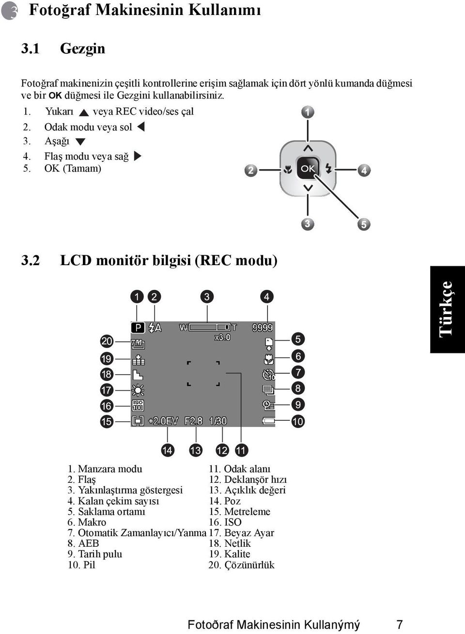 Yukarı veya REC video/ses çal 2. Odak modu veya sol 3. Aşağı 4. Flaş modu veya sağ 5. OK (Tamam) Ýngilizc 3.2 LCD monitör bilgisi (REC modu) 1. Manzara modu 11.