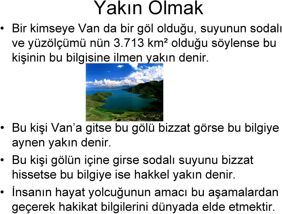 Bu kişi Van a gitse bu gölü bizzat görse bu bilgiye aynen yakın denir.