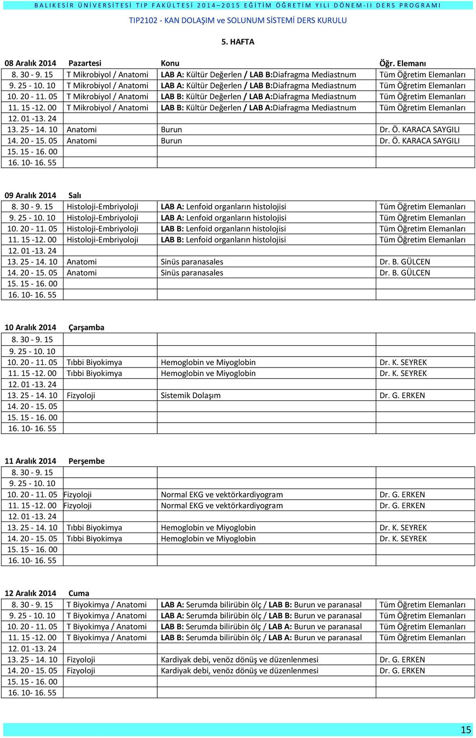 Elemanları T Mikrobiyol / Anatomi LAB B: Kültür Değerlen / LAB A:Diafragma Mediastnum Tüm Öğretim Elemanları T Mikrobiyol / Anatomi LAB B: Kültür Değerlen / LAB A:Diafragma Mediastnum Tüm Öğretim