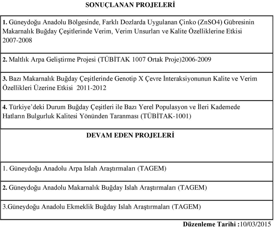 Maltlık Arpa Geliştirme Projesi (TÜBİTAK 1007 Ortak Proje)2006-2009 3.