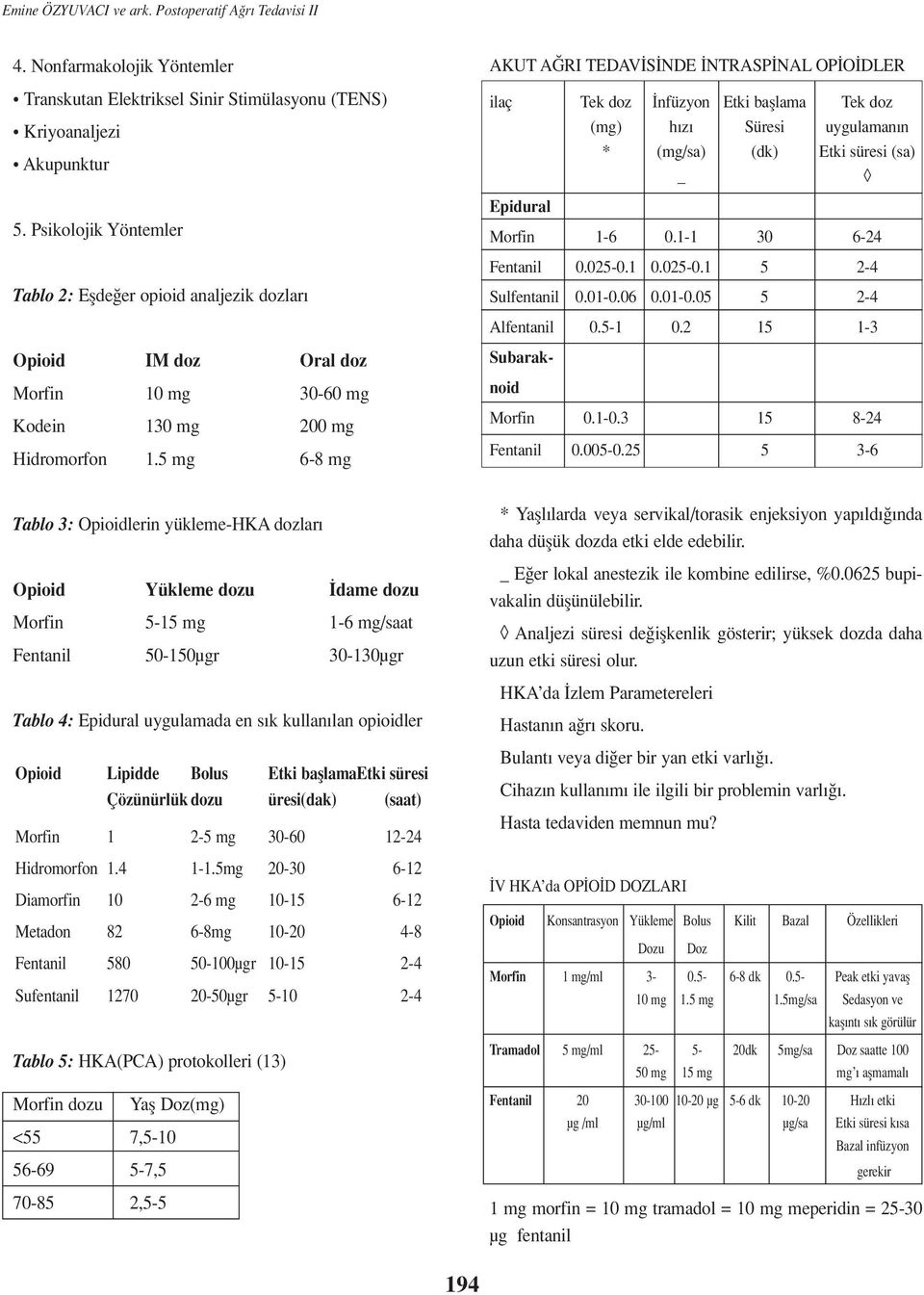 5 mg 6-8 mg AKUT A RI TEDAV S NDE NTRASP NAL OP O DLER ilaç Tek doz nfüzyon Etki bafllama Tek doz (mg) h z Süresi uygulaman n * (mg/sa) (dk) Etki süresi (sa) _ Epidural Morfin 1-6 0.