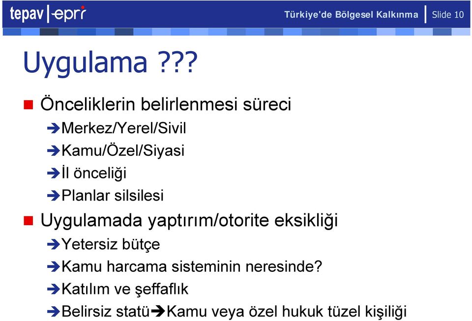 önceliği Planlar silsilesi Uygulamada yaptırım/otorite eksikliği Yetersiz