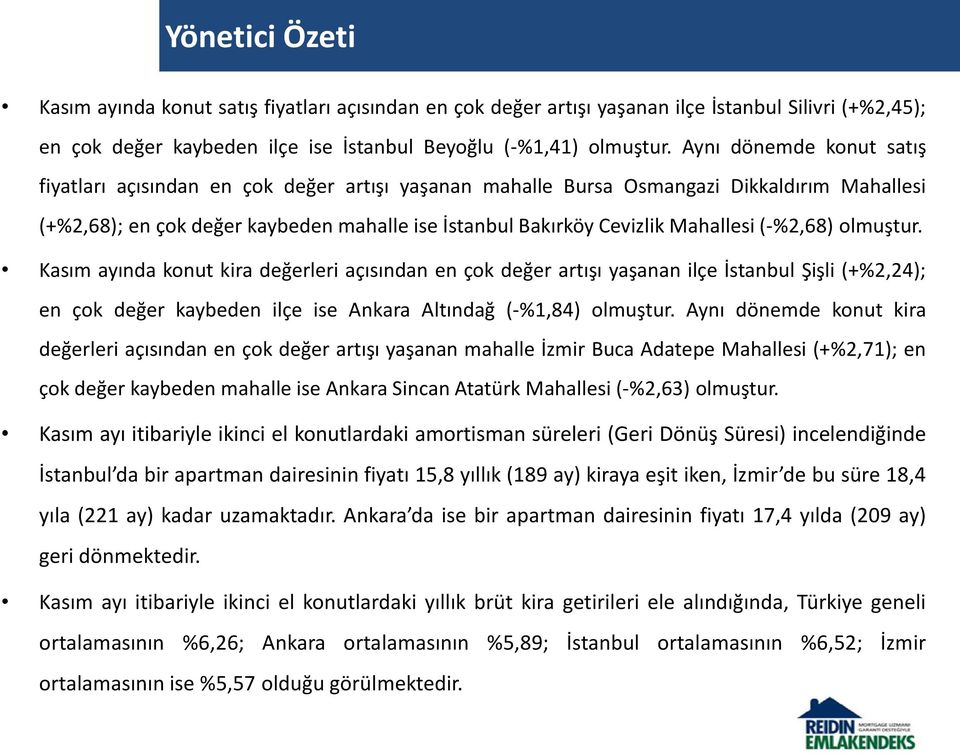 (-%2,68) olmuştur. Kasım ayında konut kira değerleri açısından en çok değer artışı yaşanan ilçe İstanbul Şişli (+%2,24); en çok değer kaybeden ilçe ise Ankara Altındağ (-%1,84) olmuştur.