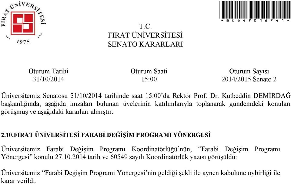 Farabi Değişim Programı Yönergesi konulu 27.10.