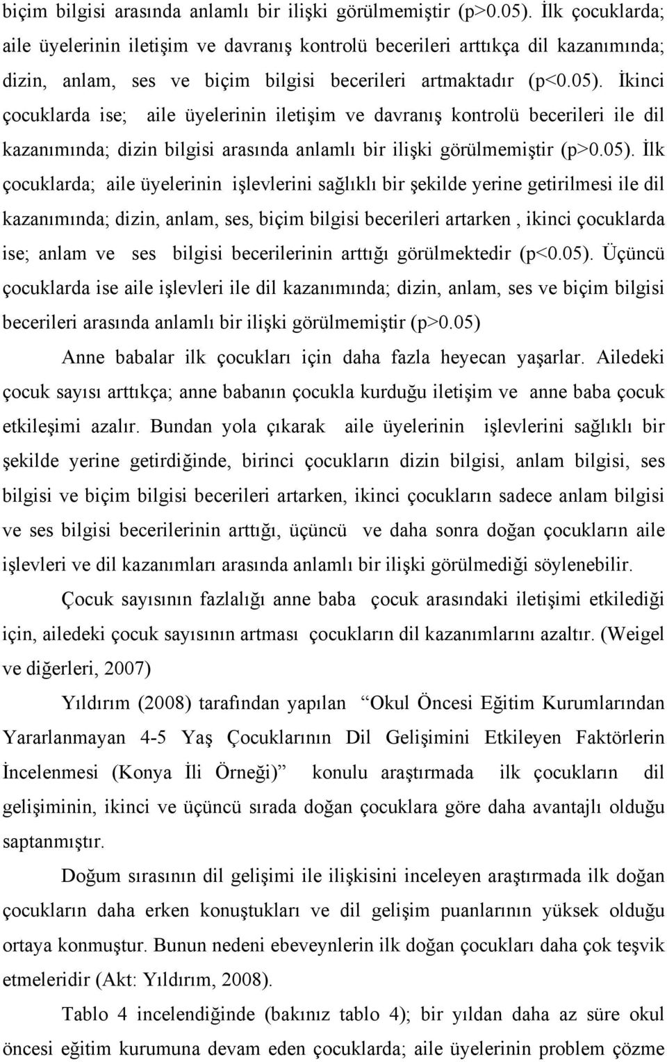 İkinci çocuklarda ise; aile üyelerinin iletişim ve davranış kontrolü becerileri ile dil kazanımında; dizin bilgisi arasında anlamlı bir ilişki görülmemiştir (p>0.05).