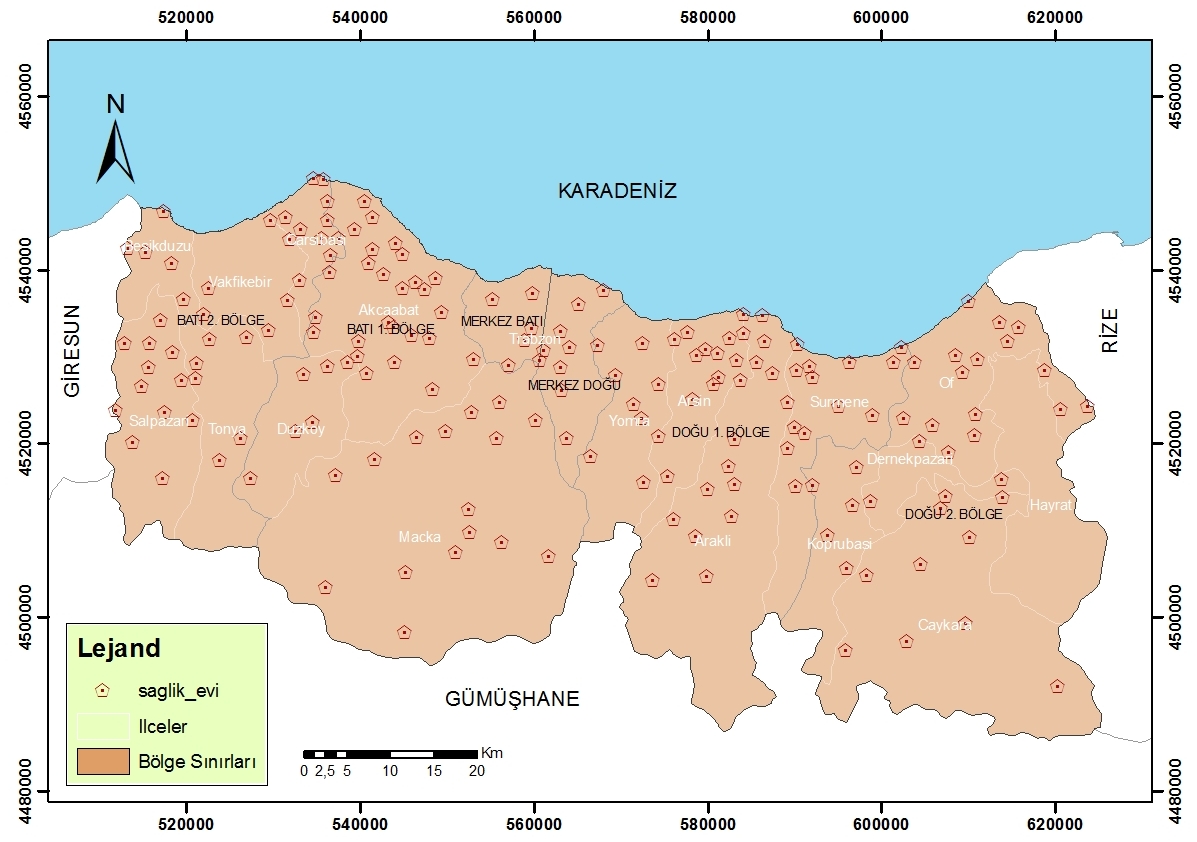 Trabzon İli içerisindeki sağlık evleri Çalışma kapsamında X İlaç firması örnek bir firma olarak seçilmiş ve Trabzon ilindeki bölgelenme yapısı dikkate alınarak gerekli konumsal veri tabanı