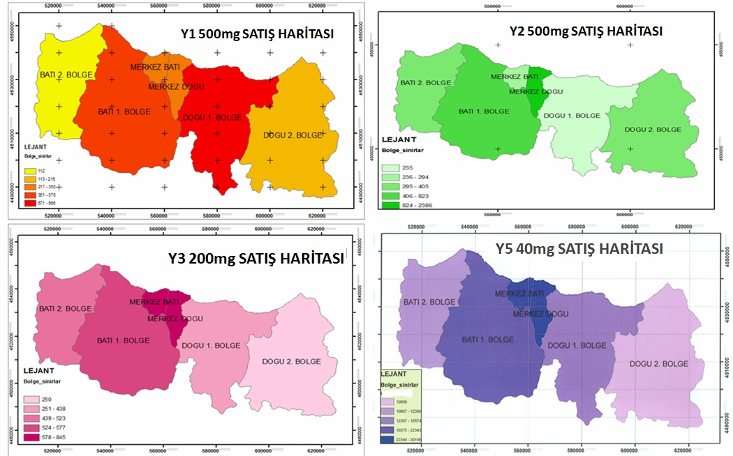Şekil 7. Y2, Y3, Y4 ve Y5 ilaçlarının Trabzon İli için ilaç satış dağılım haritaları 3.