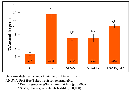 SPERM ANALİZLERİ Anormal sperm sayısı kontrol grubu dışında bütün gruplarda arttı Diyabetik sıçanlarda ATV, GLZ ve ATV/GLZ sperm