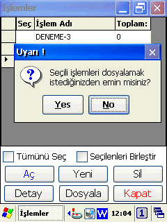 Bir veya birden fazla işlem dosyası içeriği aşağıdaki pencerede görülebilen işlemler penceresinde Dosyala düğmesi tıklanarak Bk-Mobile programından bağımsız bir dosyaya dönüştürülür.