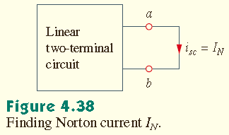 4.6 Norton Teoremi I N Norton akımını bulmak için, Şekil 4.37 deki her iki devredeki a b uçlarından geçen kısa devre akımını belirliyoruz. I N akımı, Şekil 4.37(b) deki kısa devre akımıdır.