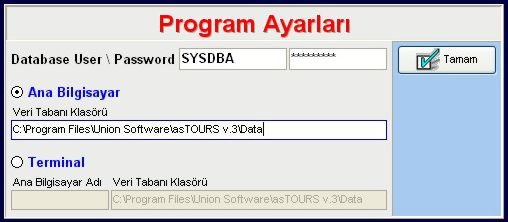 ONAY butonuna basın. Şifreniz değiştirilecektir. 2.3.Program Ayarları Programın veritabanı ve ana makine-terminal ayarlarının yapıldığı penceredir.