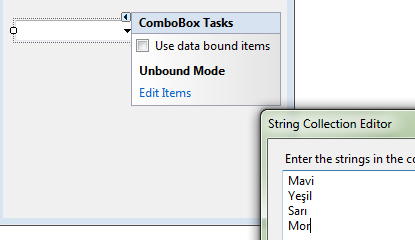 combobox Kontrolü ComboBox nesnesi Items ları olan TextBox nesnesi gibidir. Herhangi bir Items seçildiğinde seçilen Item değeri Text özelliğine aktarılır. Items lar Item ve index den oluştur.