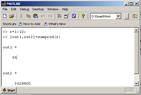 MATLAB Girdi olarak bir dizi alan ve çıktı olarak bu dizinin elemanlarının toplamını ve çarpımını veren fonksiyon Yazılan