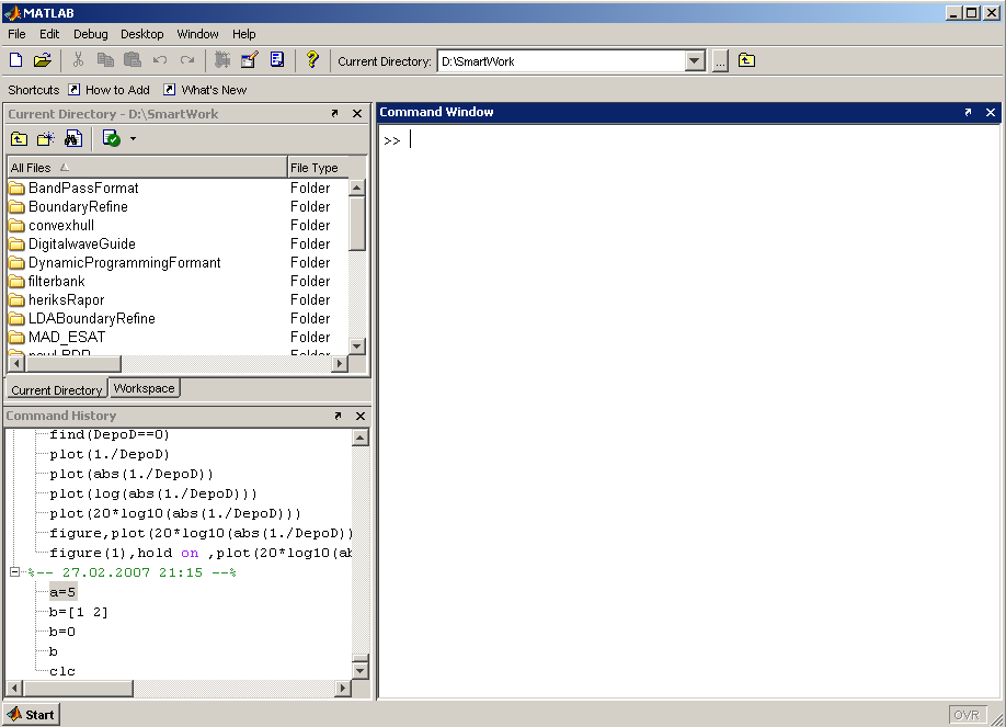 MATLAB Command Window Komut yazımı için Current Directory Aktif klasör ve alt-dosyalar Workspace Program