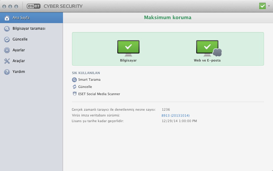 Kullanıcı arabirimi Ana Sayfa bölümü, size bilgisayarinizin geçerli koruma düzeyi ile ilgili bilgiler saglar. Bilgisayar taramasi, her antivirus çözümünün önemli bir parçasidir.
