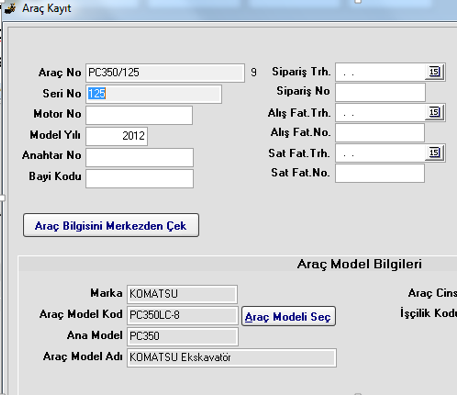 Eksiklerimiz Komatsu makine kayıtlarının yabancı