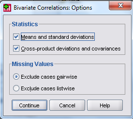 Korelasyon Options Menüsü Options menüsünde ortalama ve standart sapma gibi betimleyici istatistiklerin yanında kovaryans istatistiği