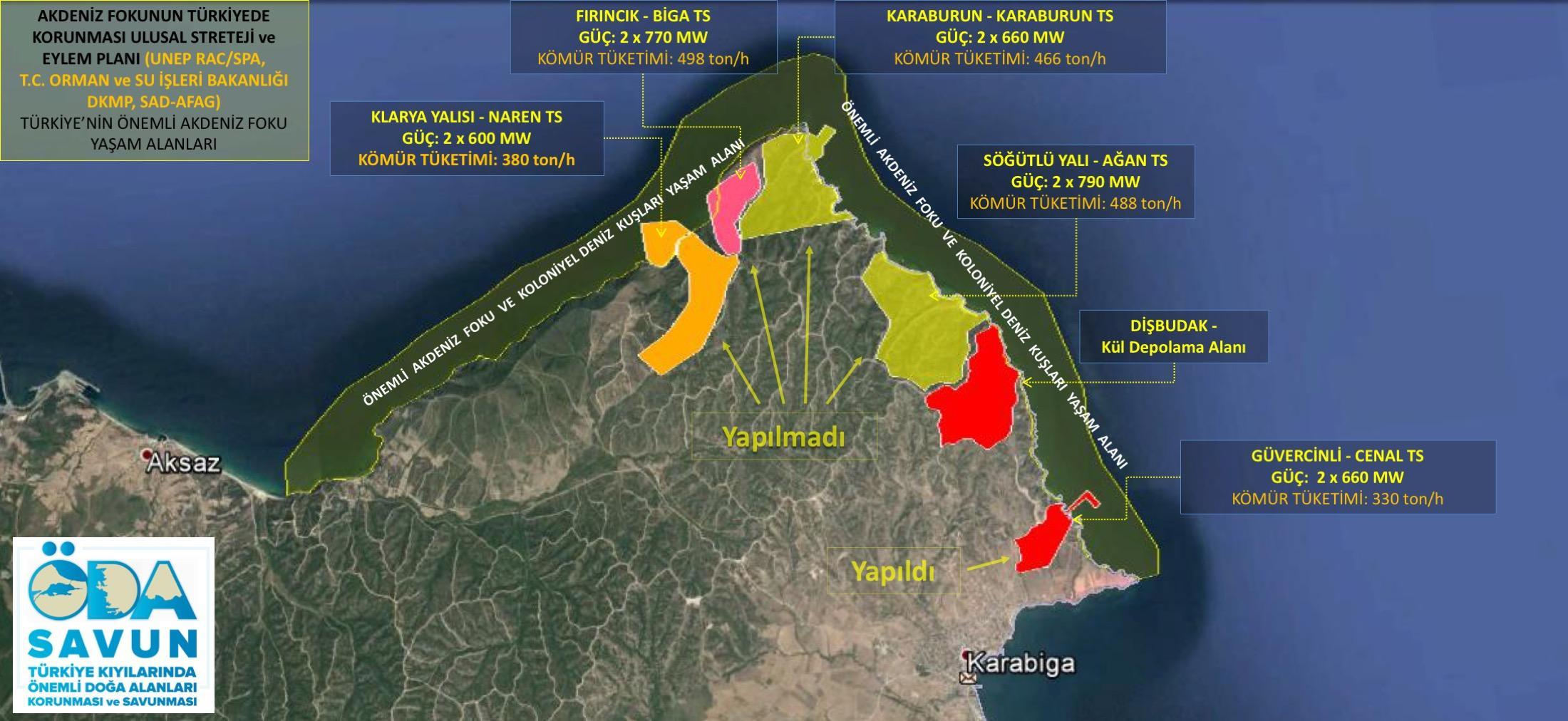 Şekil-13 Marmara Güneybatı kıyılarında yer alan Karabiga kıyılarında gerçkeleşn 1 ve planlı olarak görünen 4 Kömür Termik Enerji Santrali yerlerini gösterir harita.