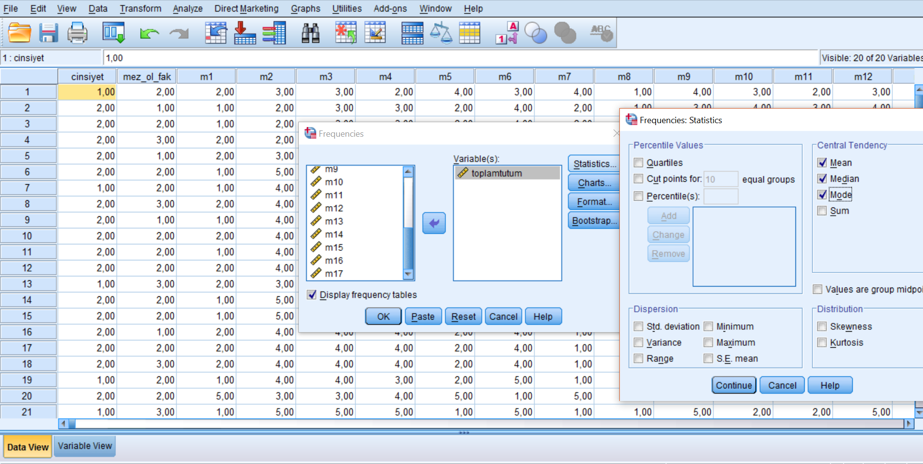 Ortalama, ortanca ve tepe değerin incelenmesi Analyze Descriptive Statistics Frequencies tıklanır.