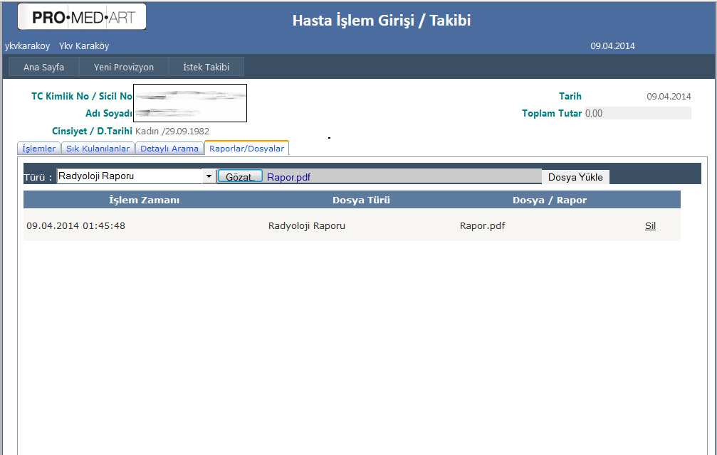 Raporlar/Dosyalar : Hastaların rapor ve epikriz gibi dosyaları yüklenebilmektedir. İşlemlerin onaylanması için gereken raporlar fakslanmayacak bu bölümden yüklenecektir.