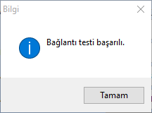 Ürün Ekle penceresindeki veritabanı bilgilerinin doğruluğunu test etmek için pencerenin üstünde bulunan TEST butonuna tıklanmalı ve aşağıdaki resimdeki gibi bir bilgi penceresi görüntülenmelidir.