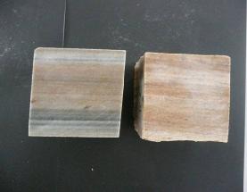 Şekil 3. Blok numunlerden hazırlanan 70x70x70mm ebatında küp numuneler (Bej; Limra; Kristak kabuk; dolomitik kireçtaşı) Şekil 4.