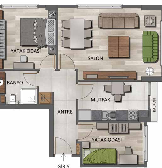 TİP 2 A SALON 25,3 m 2 MUTFAK 9 m 2 YATAK ODASI 18,8 m 2 ÇOCUK ODASI 9 m 2 BANYO 4,75 m 2