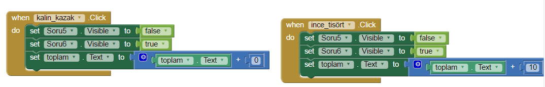 Eğer Soru2 sayfasındaki seçeneklerin bulunduğu butonlardan herhangi birine tıklanırsa, Soru2 sayfasının görünürlüğü kapanır ve Soru3 sayfasına geçilir.