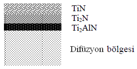 7 Molinari ve arkadaşları yaptıkları çalışmalarda nitrürleme sonrası bileşik tabakanın (TiN+Ti 2 N) kalınlığı ortalama olarak 1 6 µm ve difüzyon tabakasının kalınlığı ise ortalama 40 70 µm olarak