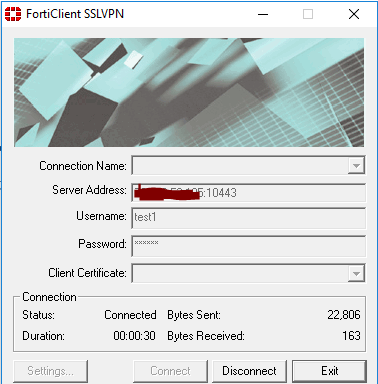 Artık sslvpn i kullanmaya başlayabiliriz. Bunun için bilgisayarımıza Forticlient ı indirdik. Server address e wan1 static ip ve sslvpn settings de tanımladığımız portu yazdık.