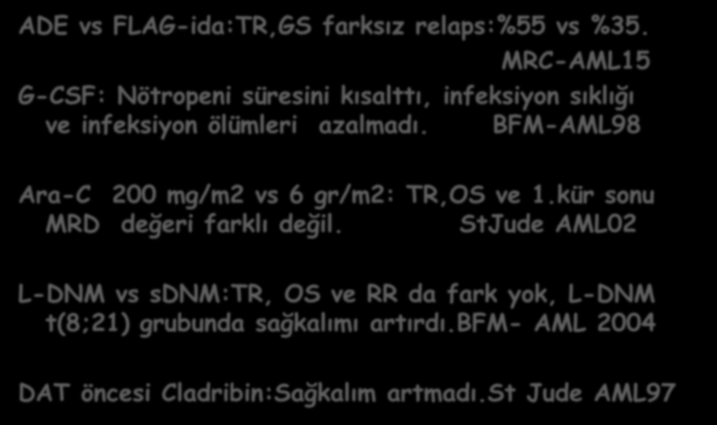 İndüksiyon-1:iyileştirme çalışmaları ADE vs FLAG-ida:TR,GS farksız relaps:%55 vs %35. MRC-AML15 G-CSF: Nötropeni süresini kısalttı, infeksiyon sıklığı ve infeksiyon ölümleri azalmadı.