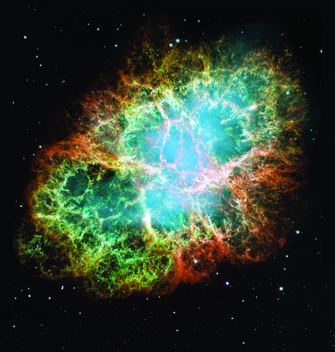 1054 y l nda meydana geldi i düflünülen bir süpernova patlamas n n art olan ünlü Yengeç Bulutsusu Turuncu renkli ipliksi yap lar y ld z n param parça olmufl art klar ve büyük ölçüde hidrojenden yap l.