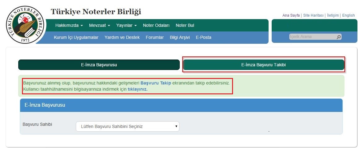 Başvuru işlemi tamamlandığında, e-imza başvurunuzu takip etmek için Başvuru Takip bağlantısına veya E-İmza Başvuru Takibi sekmesine tıklayınız.