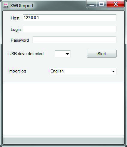 Yönetici El Kitabı Kaynak verilerinin USB çubuğuna kaydedilmesi 4.5.3 Kaynak verilerini USB çubuğundan Xnet'e aktarma XWDImport.exe programını başlatın. - Programın başlangıç ekranı açılır.