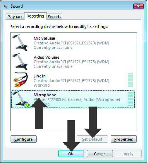 Windows Vista için : 1 Masaüstü/dizüstü bilgisayarınızda Başlat > Denetim Masası öğelerini 2 Ardından, Donanım ve Ses öğesini 3 Ardından Ses i 4 Açılan pencerede Kayıt sekmesini Philips web