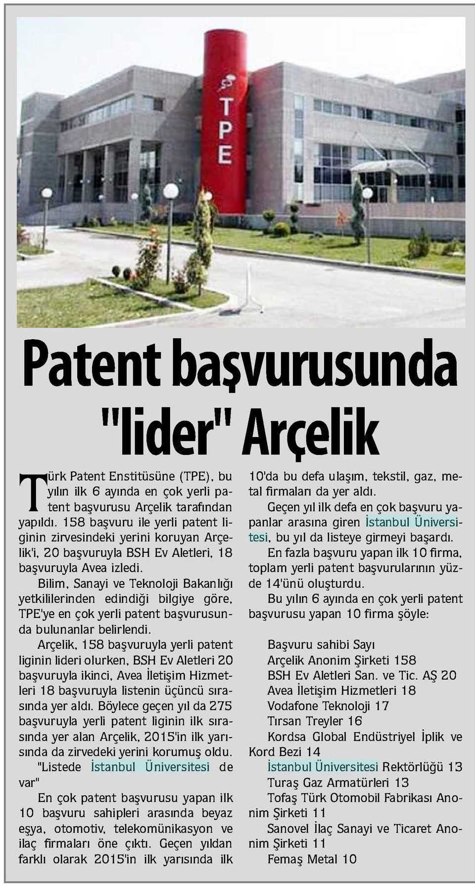 PATENT BASVURUSUNDA LIDER ARÇELIK Yayın Adı : Çorum Gazetesi Periyod :