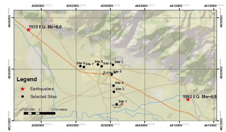 N Şekil 1. Erzincan il merkezinde zemin araştırmaları gerçekleştirilen sahaların Doğu- Batı ve Kuzey Güney doğrultularındaki konumları belirtilmiştir.