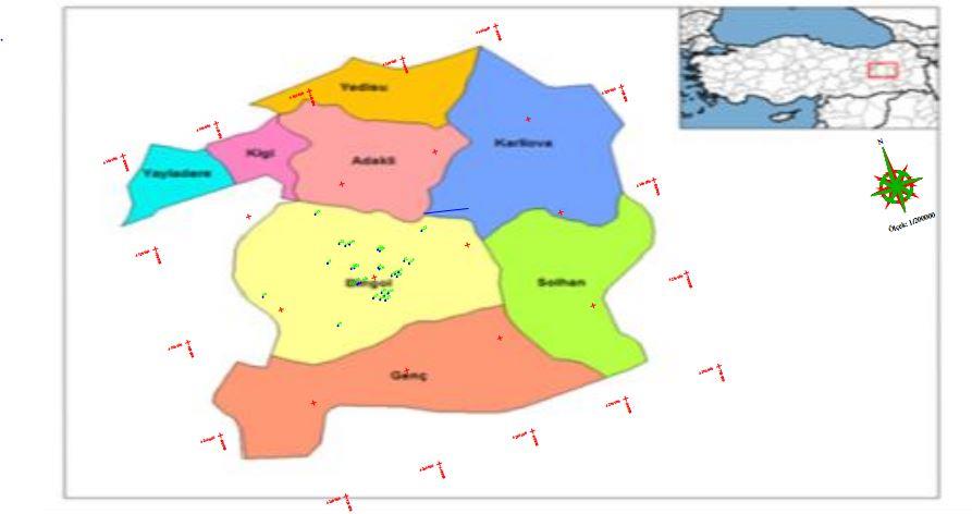 Şekil 1. Bingöl ili konumu ve toprak örnekleme noktaları 3.