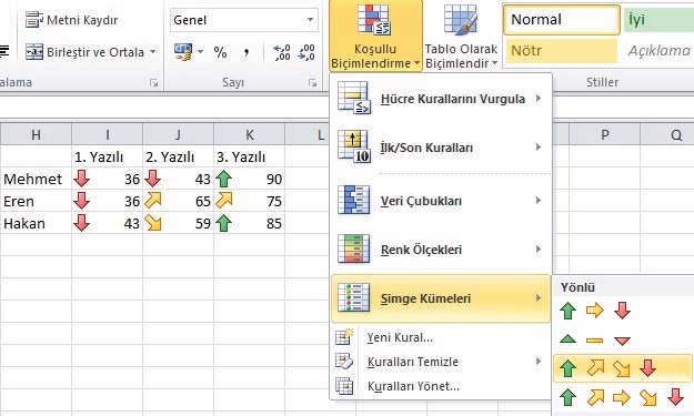 3.4.3. Renk Ölçekleri Kullanarak Ko ullu Biçimlendirme Renk ölçeklerini kullanarak ayn de ere sahip verileri ayn renkte, farkl de erleri farkl renkte gösterebilirsiniz. 3.4.4. Simge Kümeleri Kullanarak Ko ullu Biçimlendirme Verileri, simgeler kullanarak Resim 3.