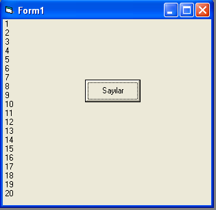 Programın kodları şu şekildedir: Dim i For i = 1 To 20 Print i Program çalıştığında ekranda şu şekilde görünecektir. 2. Ekranda rasgele koordinatlara iç içe kareler çizecek bir program yazalım.
