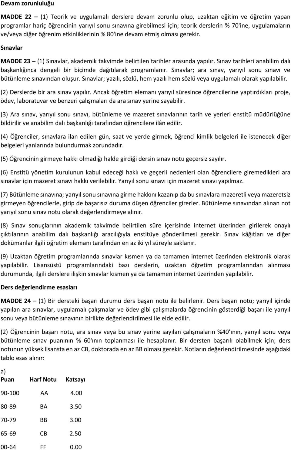 Sınav tarihleri anabilim dalı başkanlığınca dengeli bir biçimde dağıtılarak programlanır. Sınavlar; ara sınav, yarıyıl sonu sınavı ve bütünleme sınavından oluşur.