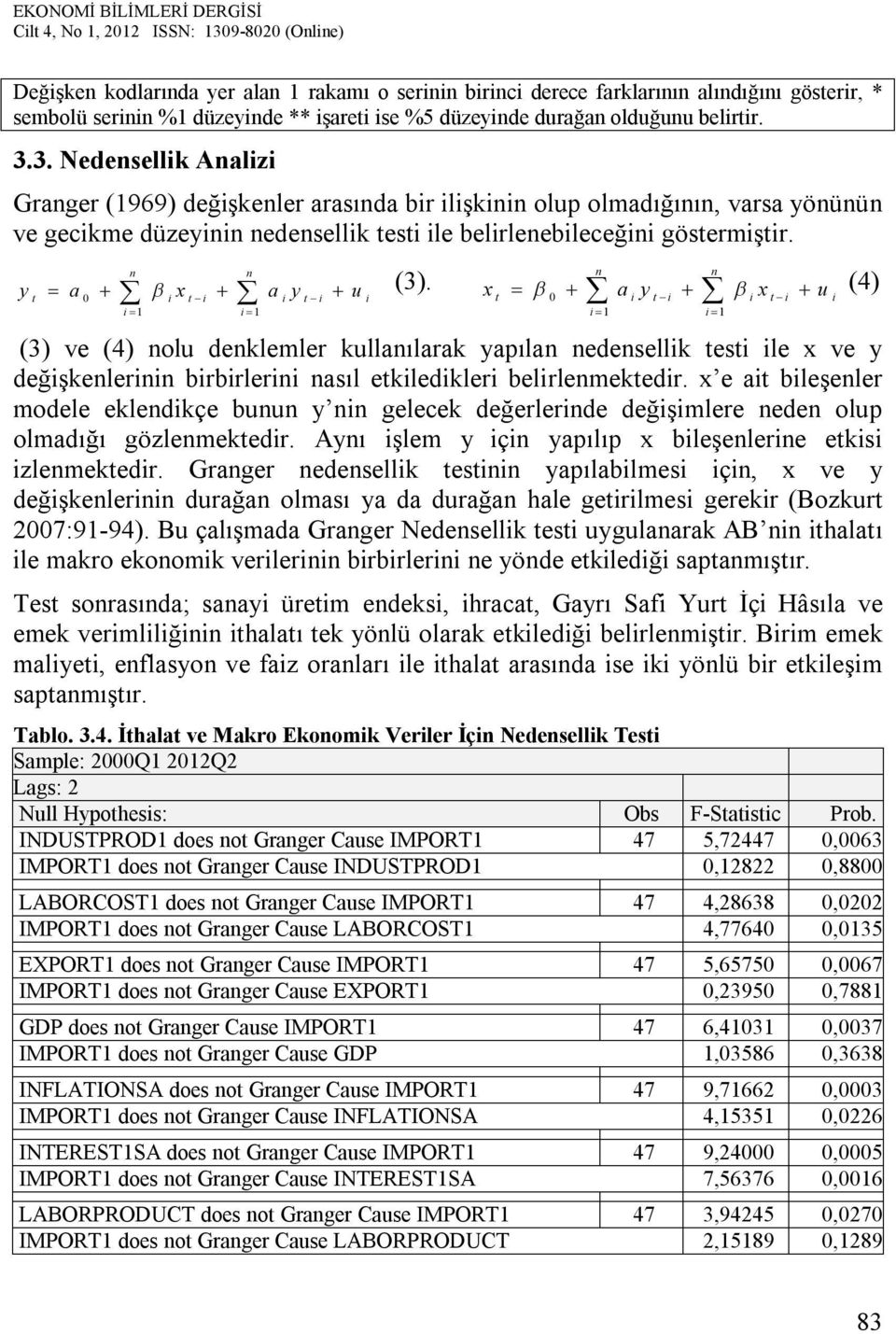 1 1 x n n 0 a y 1 1 x u (4) (3) ve (4) nolu denklemler kullanılarak yapılan nedensellk es le x ve y değşkenlernn brbrlern nasıl ekledkler belrlenmekedr.