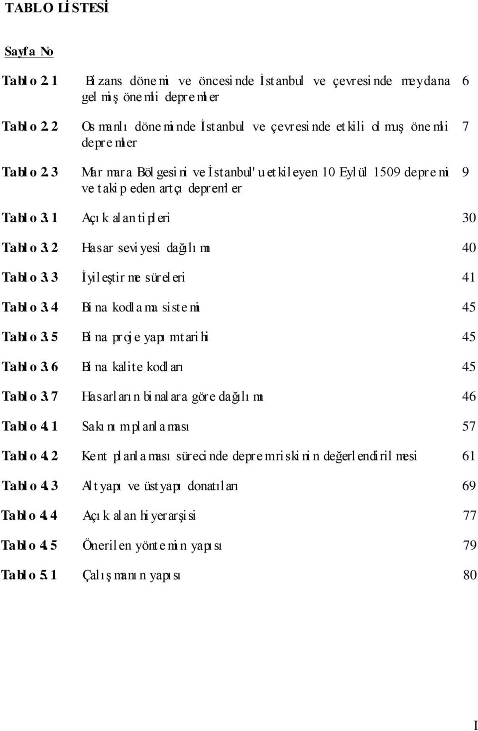 İstanbul' u et kileyen 10 Eyl ül 1509 depre mi ve taki p eden artçı depreml er 6 7 9 Tabl o 3. 1 Açı k alan tipleri 30 Tabl o 3. 2 Hasar sevi yesi dağılı mı 40 Tabl o 3.