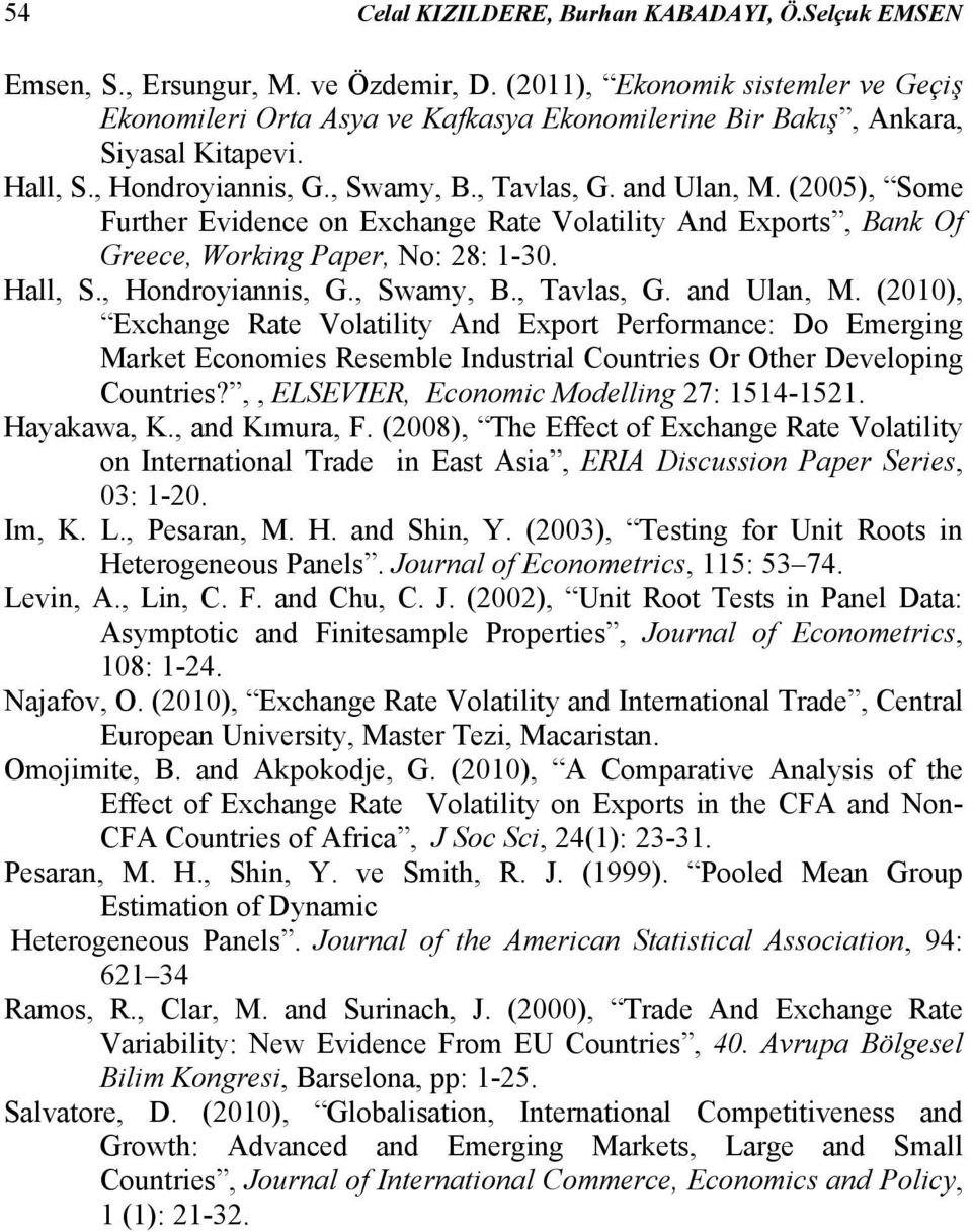(2005), Some Further Evidence on Exchange Rate Volatility And Exports, Bank Of Greece, Working Paper, No: 28: 1-30. Hall, S., Hondroyiannis, G., Swamy, B., Tavlas, G. and Ulan, M.
