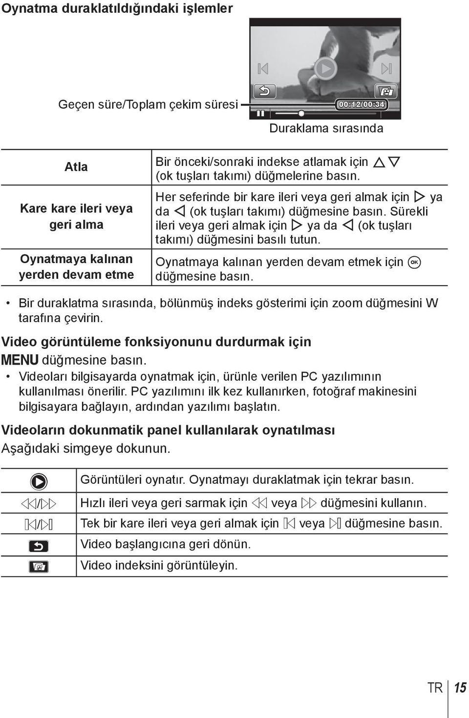 Sürekli ileri veya geri almak için I ya da H (ok tuşları takımı) düğmesini basılı tutun. Oynatmaya kalınan yerden devam etmek için A düğmesine basın.