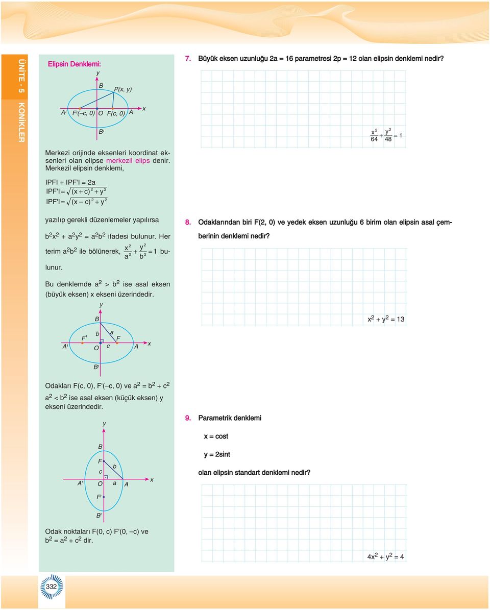 Merkezil elipsin denklemi, IPI + IP'I = IP' I = ( + c) + IP' I = ( c) + zılıp gerekli düzenlemeler pılırs + = ifdesi ulunur. Her + = u- terim ile ölünerek, lunur. 8.